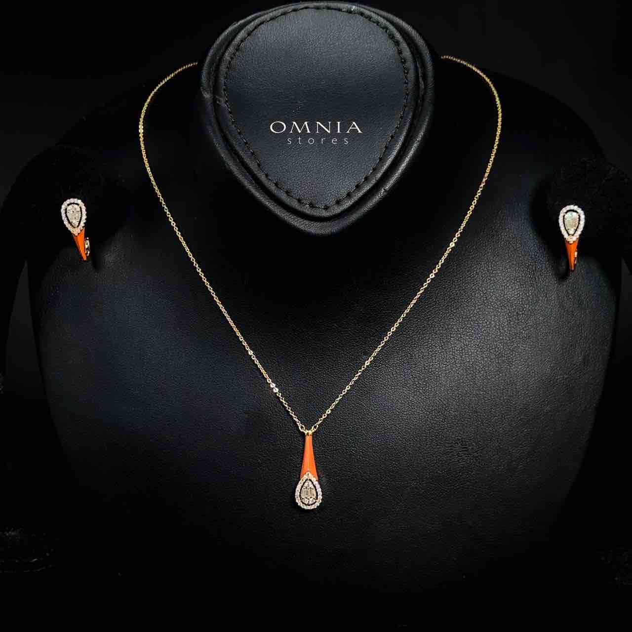 Omnia Manar Golden Red Necklace and Earrings With Rhodium Plated In High Quality Zircon Stone