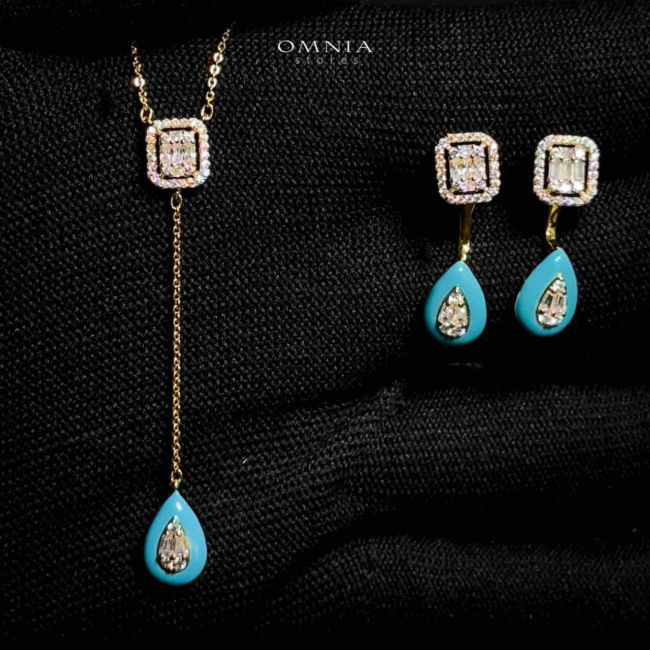 Omnia Najida Golden Blue Necklace and Earrings With Rhodium Plated In High Quality Zircon Stone