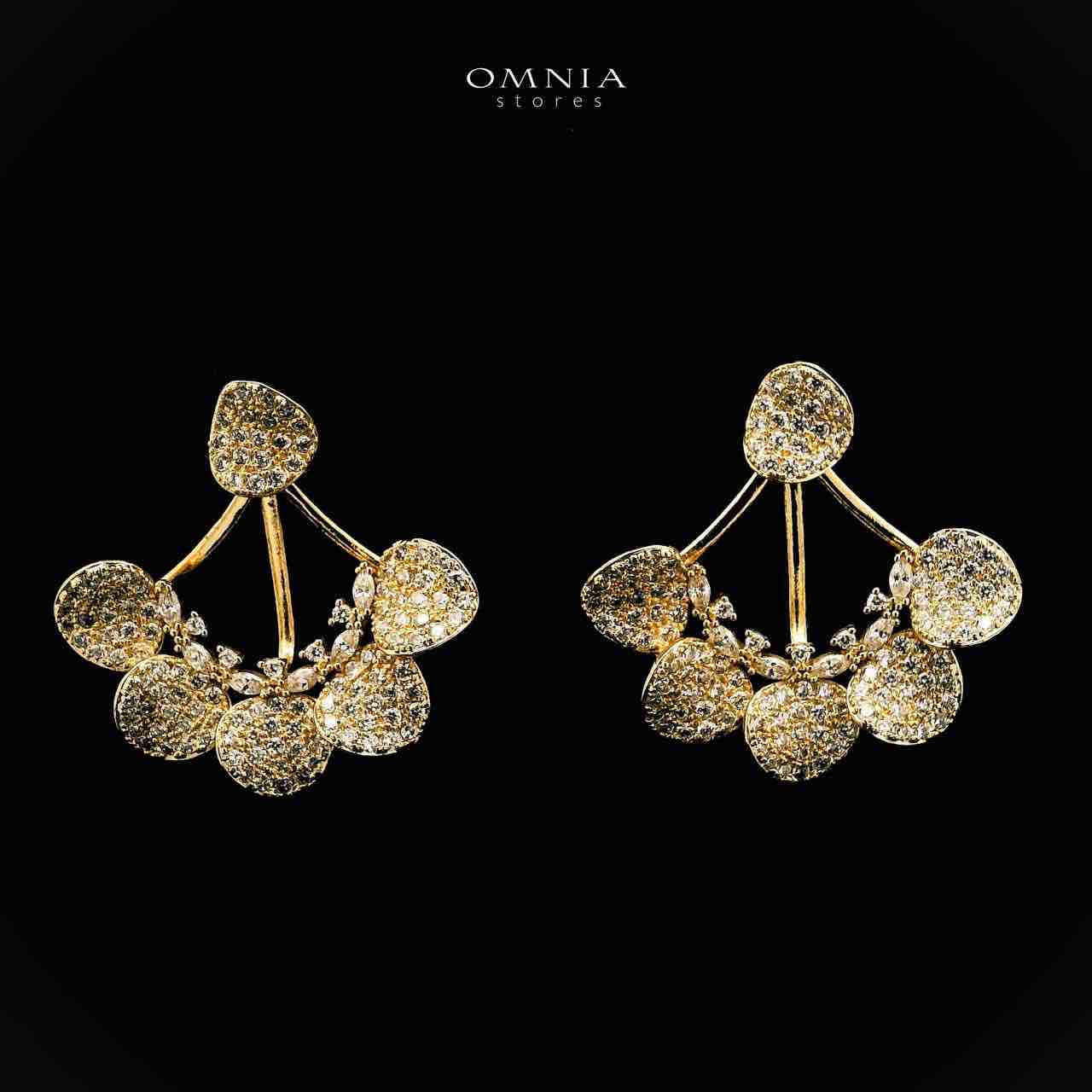 Omnia Qindeel Golden Floral Earrings With Rhodium Plated In High Quality Zircon Stone