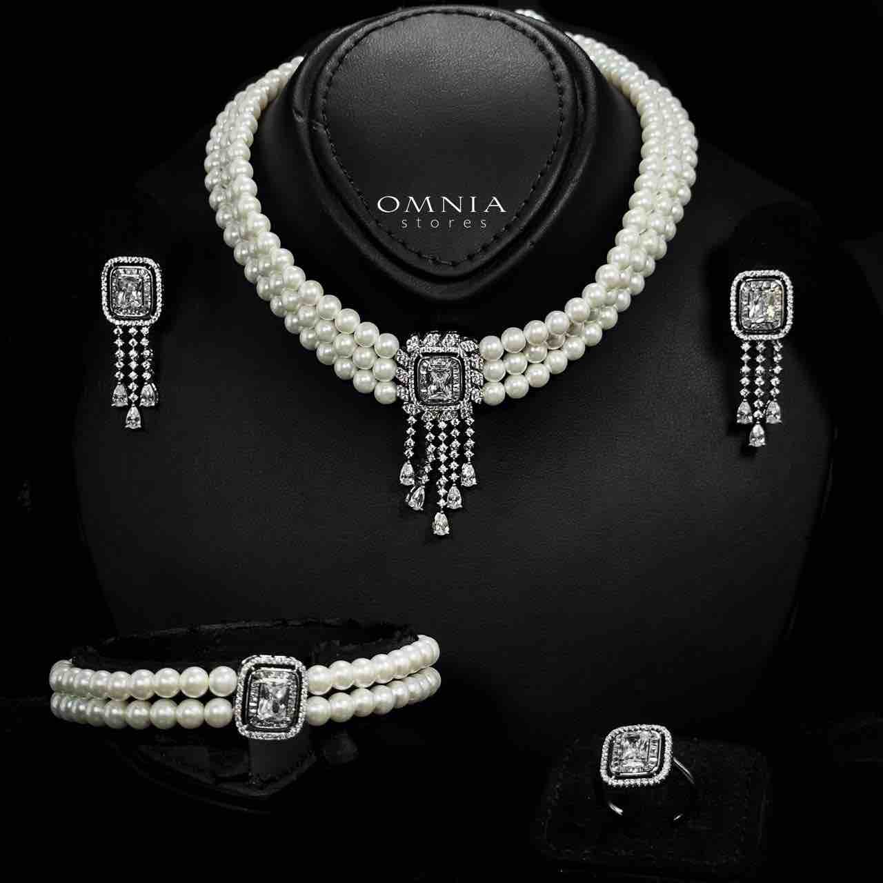 Omnia Wahida Pearl Bridal Full set With Rhodium Plated In High Quality Zircon Stone