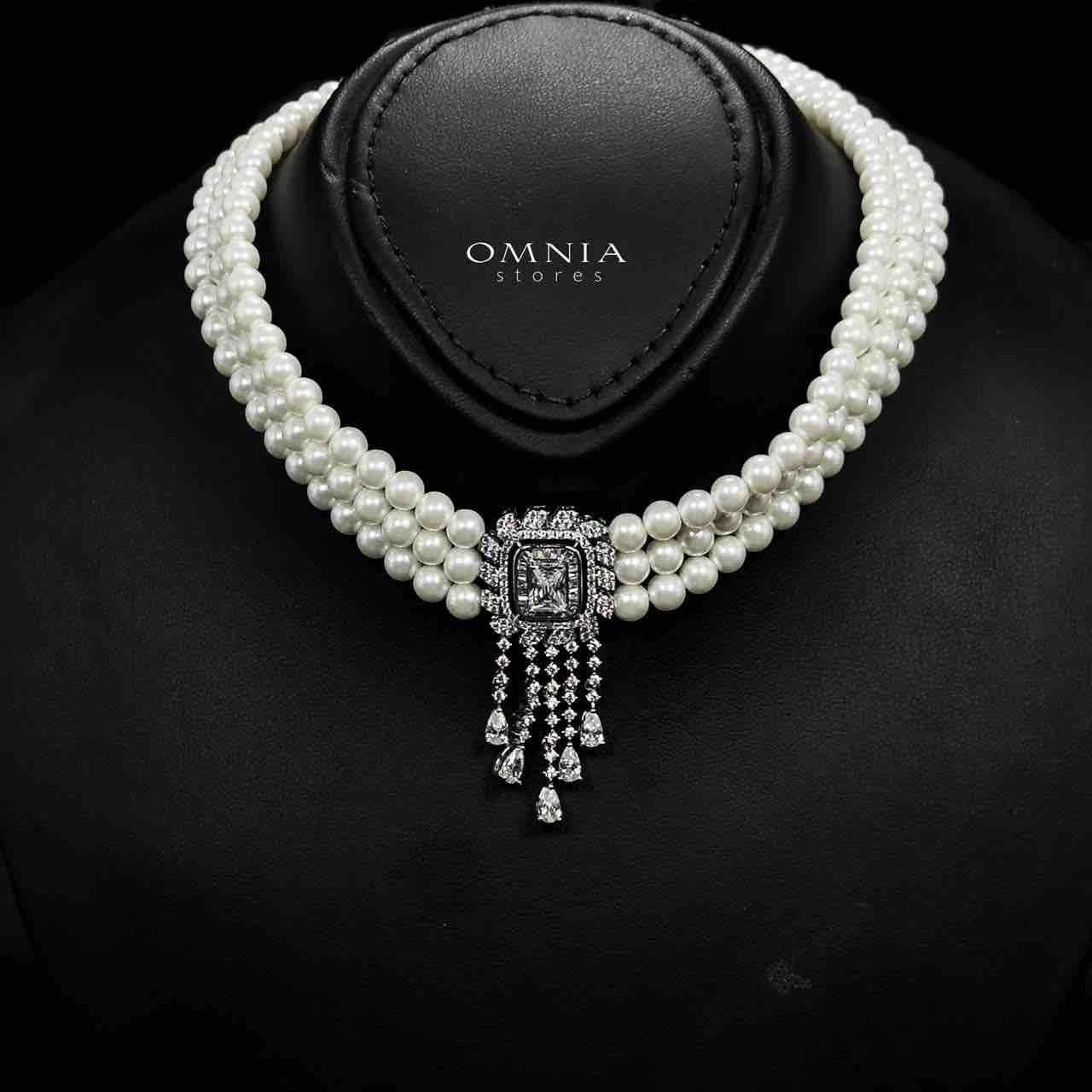 Omnia Wahida Pearl Bridal Full set With Rhodium Plated In High Quality Zircon Stone