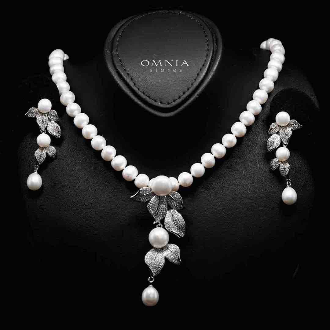 Omnia Precious Fresh Real Water Pearl Necklace and Earrings Set 925 Silver In High Quality Simulated diamonds