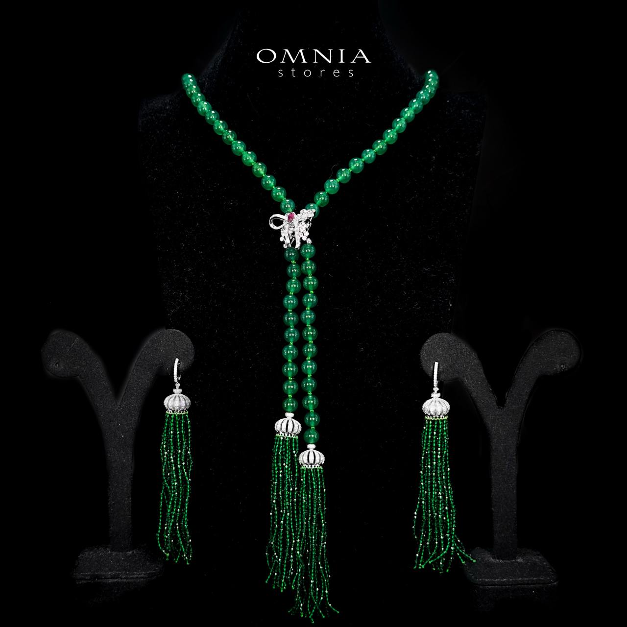 Omnia Lahitha Green Fresh Real Water Pearl Long Chain Necklace & Drop Pearl Earrings in 925 Silver with High-Quality Simulated Diamonds - OMNIASTORES UAE