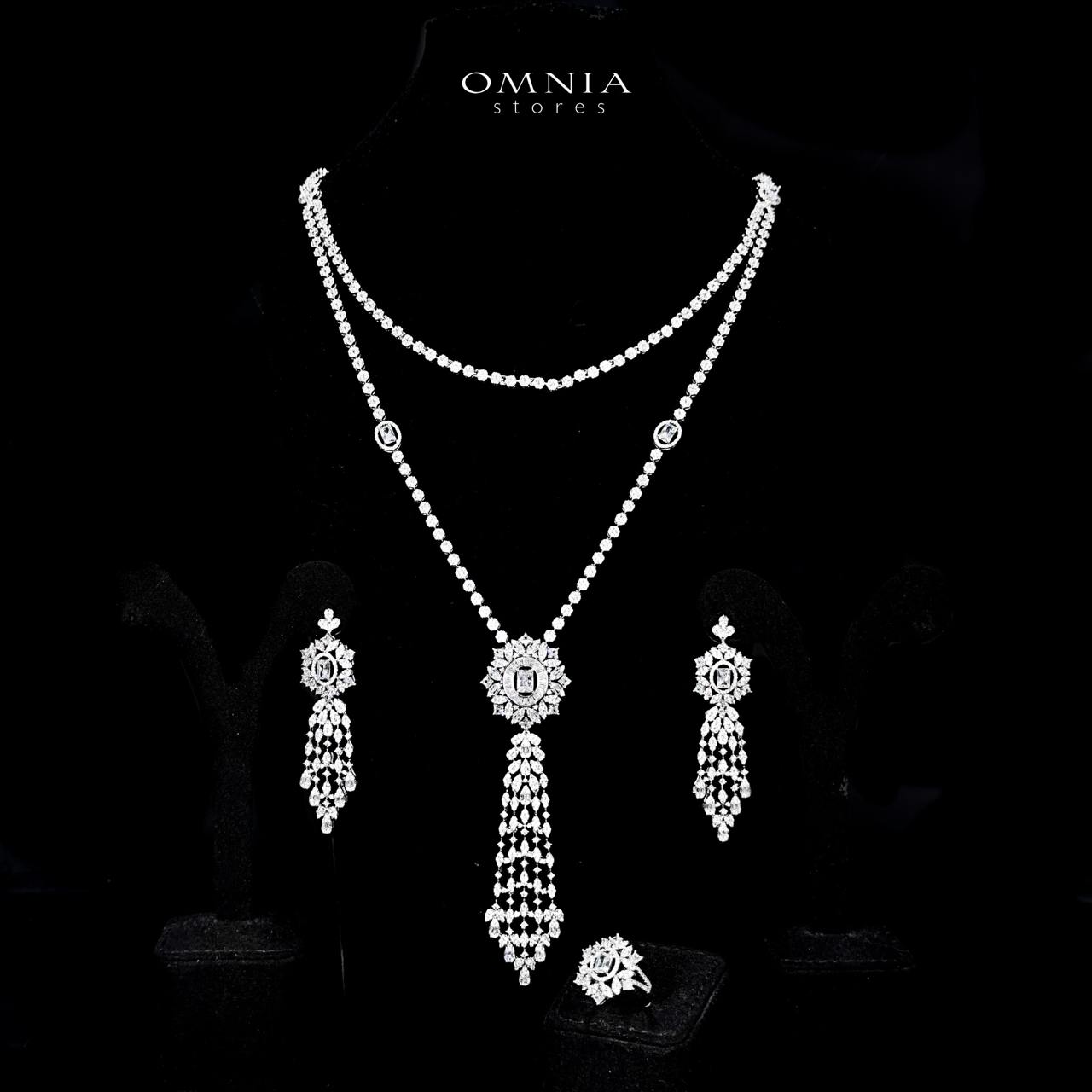 Omnia Ola White Bridal Long chain Set Accessories in High Quality Zircon Stone Rhodium Plated - OMNIASTORES UAE