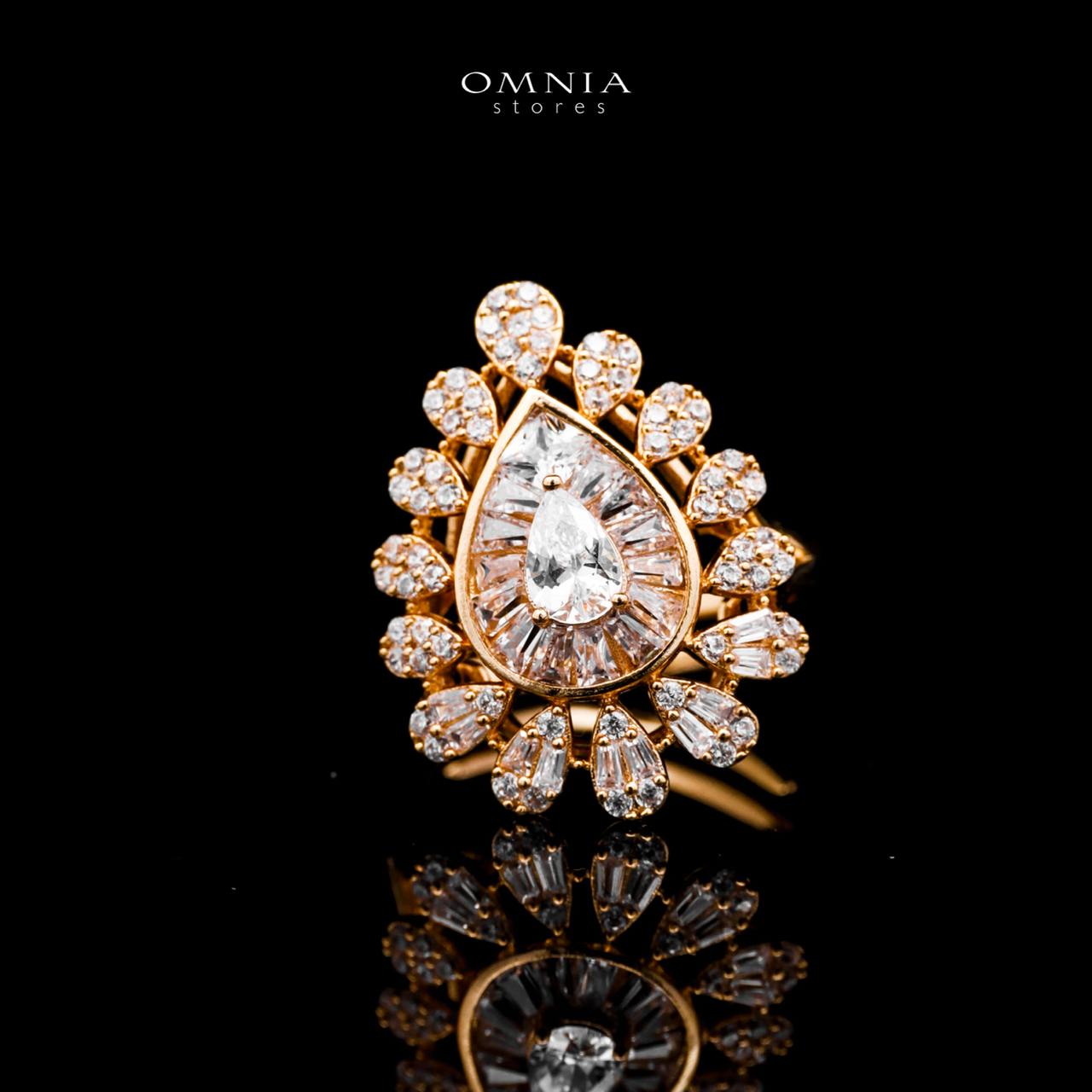 Omnia Ahad Bridal Golden Long Chain Set In Rhodium Plated With High Quality Zircon Stones