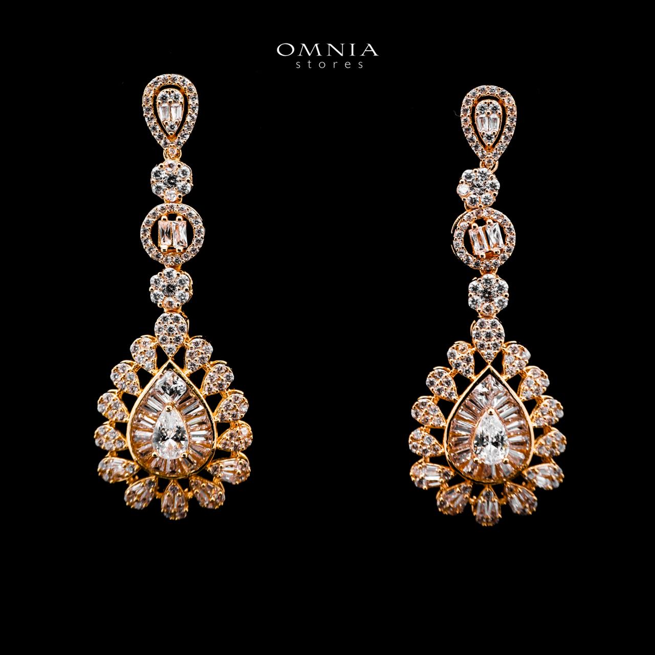Omnia Ahad Bridal Golden Long Chain Set In Rhodium Plated With High Quality Zircon Stones