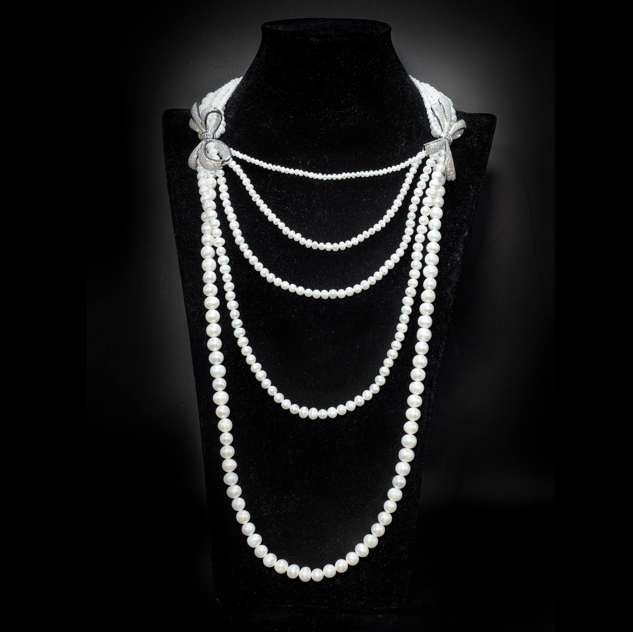 Omnia Almas Bow Fresh Water Pearl Long Chain Necklace with High Quality Simulated Diamonds - OMNIASTORES KSA