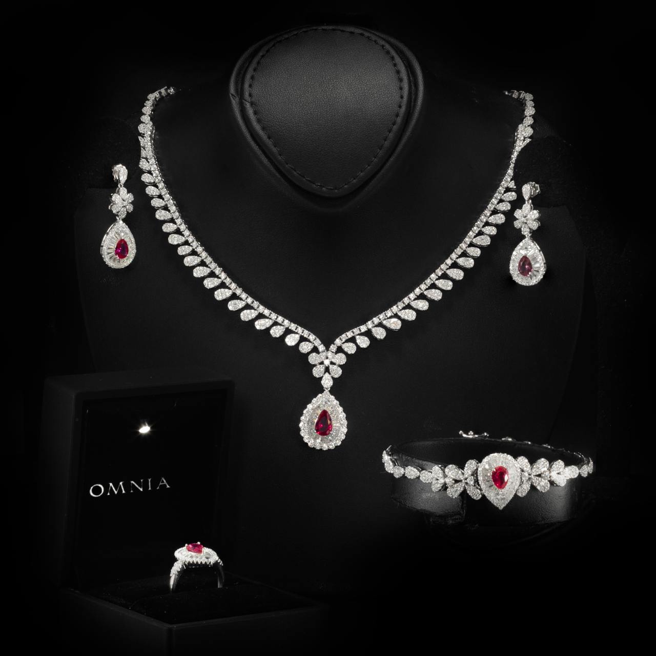 Omnia Sophia Maroon Teardrop Bridal Full Set in 925 Silver with High Quality Simulated Diamonds