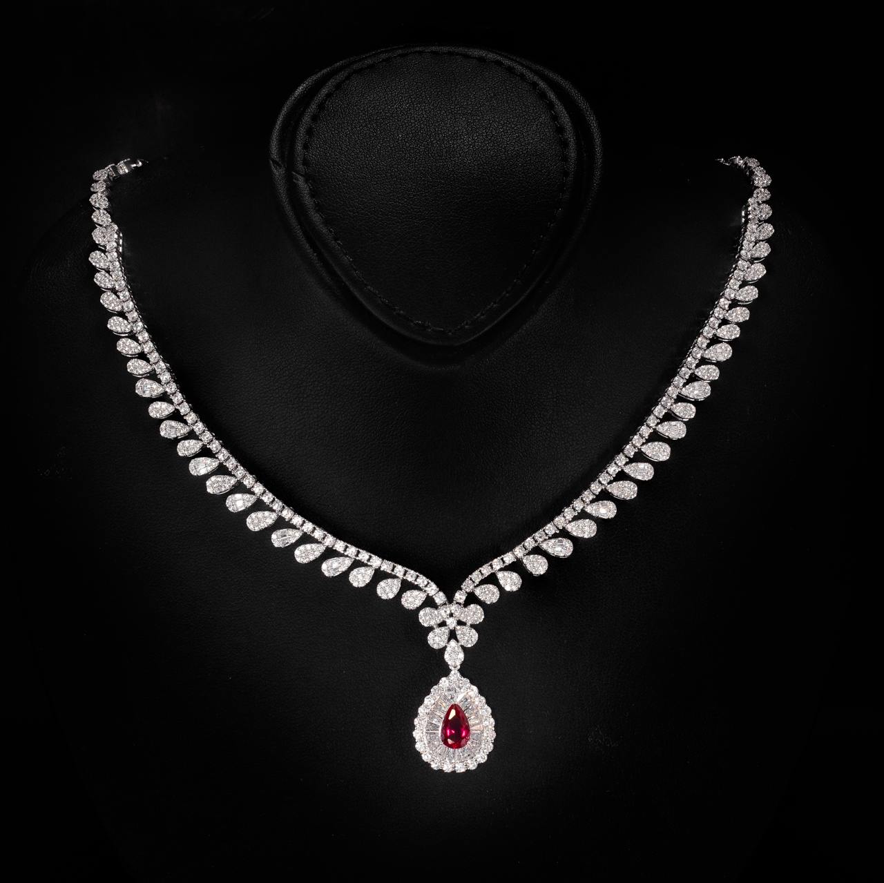 Omnia Sophia Maroon Teardrop Bridal Full Set in 925 Silver with High Quality Simulated Diamonds