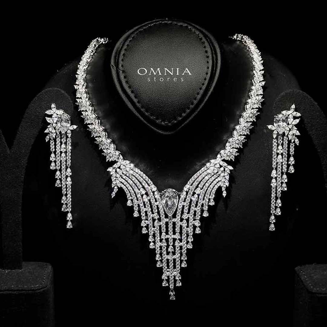 Omnia Abir White Bridal Necklace & Earrings Set in 925 Silver with Pear and Marquise-Cut High-Quality Simulated Diamonds - OMNIASTORES UAE