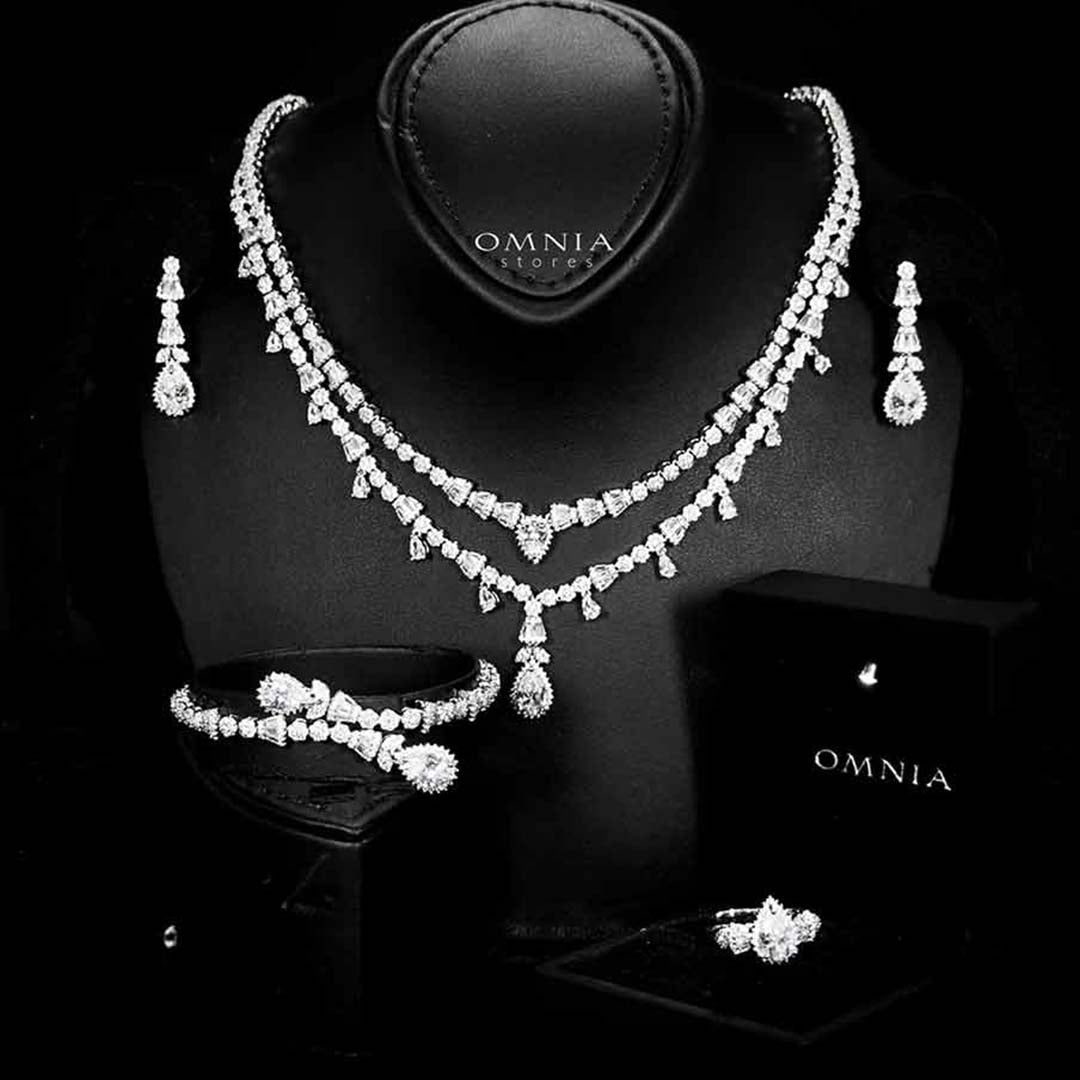 Omnia Ghada White Bridal Full Set Accessories in High Quality Zircon Stone Rhodium Plated - OMNIASTORES UAE