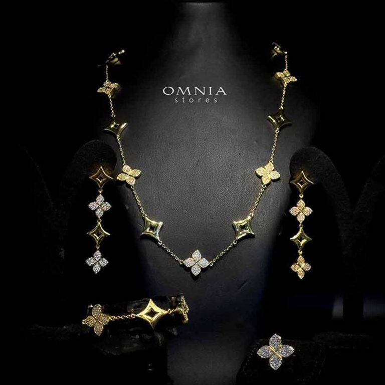 Omnia Golden Clove Long Chain Full Set with High-Quality Simulated Diamonds Gold Plated 100cm - OMNIASTORES KSA