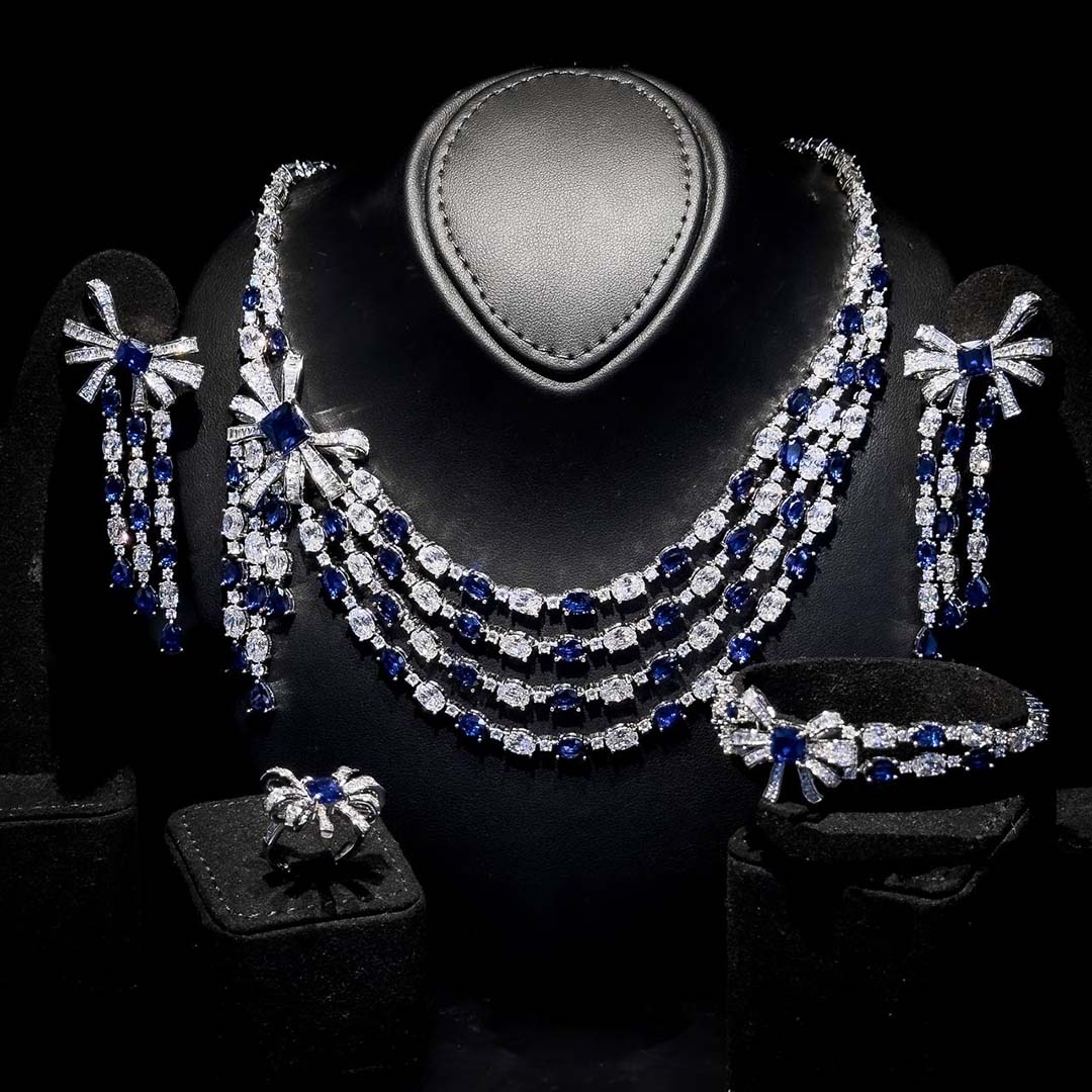 Omnia Mawada Blue Bridal Full Set with Elegant Bow-Accent Design and High-Quality Zircon Stones in Rhodium Plated Finish