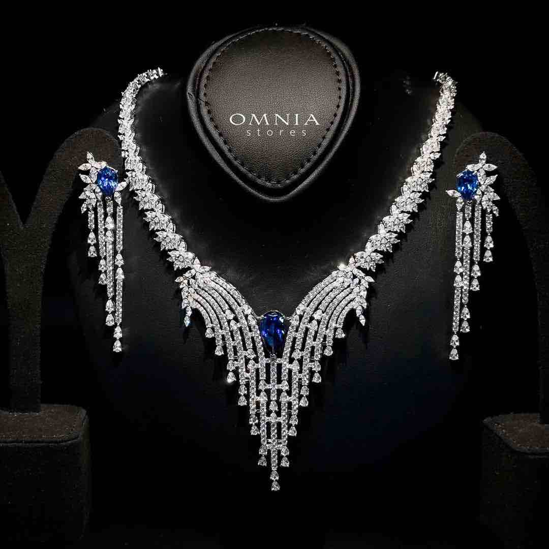 Omnia Abir Blue Bridal Necklace & Earrings Set in 925 Silver with Pear and Marquise-Cut High-Quality Simulated Diamonds - OMNIASTORES UAE