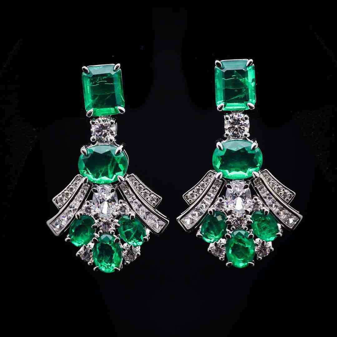 Omnia Karina Green Mixed-Cut Drop Earrings in 92.5 Silver with High Quality Simulated Diamonds - OMNIASTORES KSA