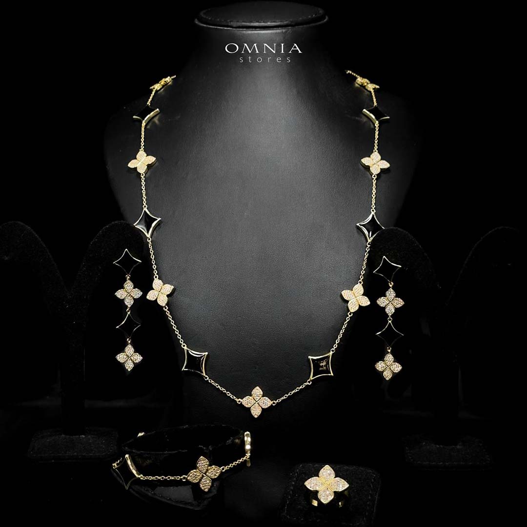 Omnia Golden Clove Black Long Chain Full Set with High-Quality Simulated Diamonds 18k Gold Plated 100cm - OMNIASTORES UAE