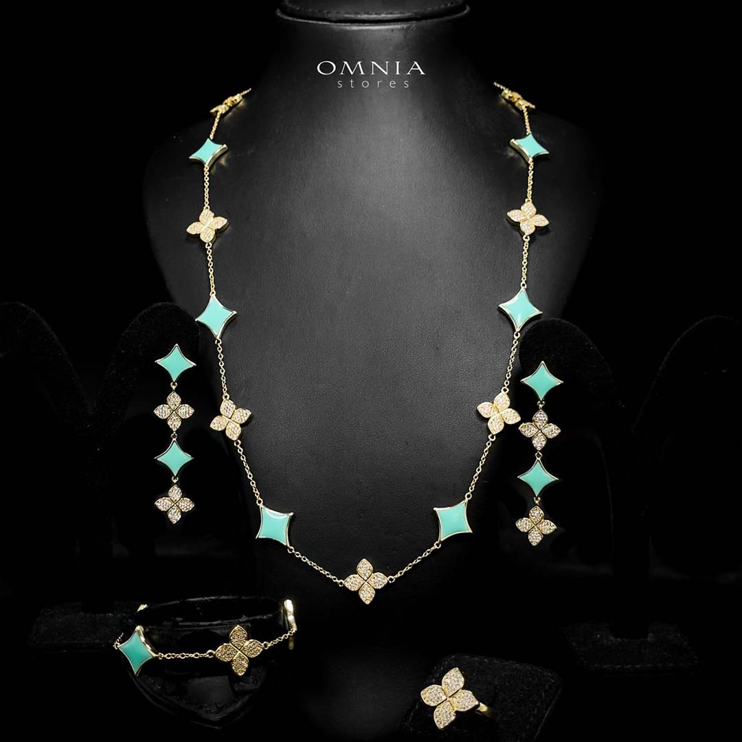 Omnia Golden Clove Turqoise Long Chain Full Set with High-Quality Simulated Diamonds 18k Gold Plated 100cm - OMNIASTORES UAE