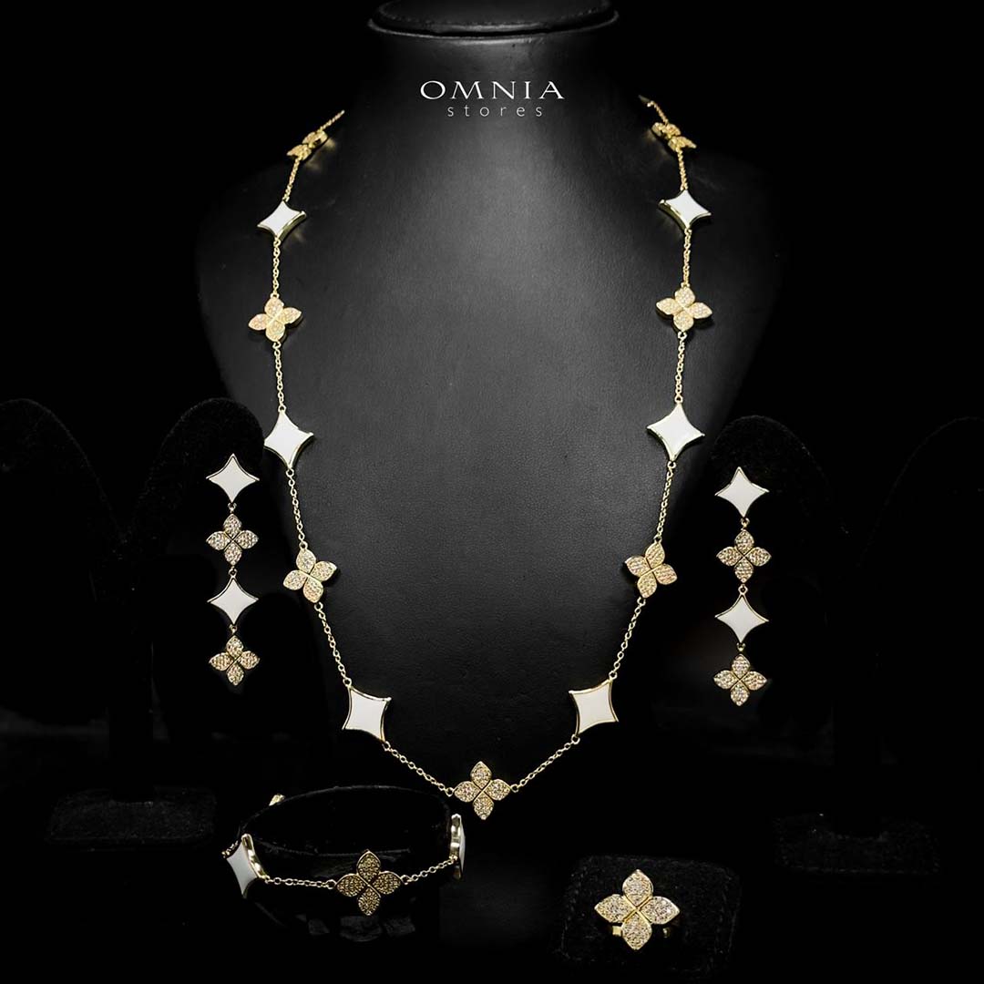 Omnia Golden Clove White Long Chain Full Set with High-Quality Simulated Diamonds 18k Gold Plated 100cm - OMNIASTORES UAE
