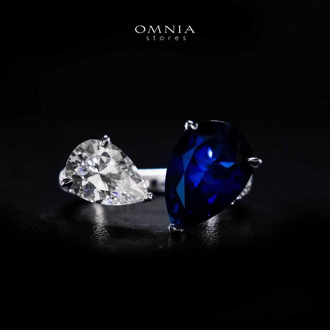 Omnia Ayda Dual Heart Blue and White Silver Ring In 925 Silver High Quality Certified Lab Crafted Stones - OMNIASTORES UAE