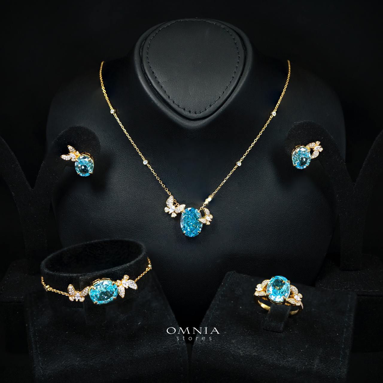 Omnia Maysun Baby Blue Gold Plated Full Set In 925 Silver High Quality Simulated Diamonds