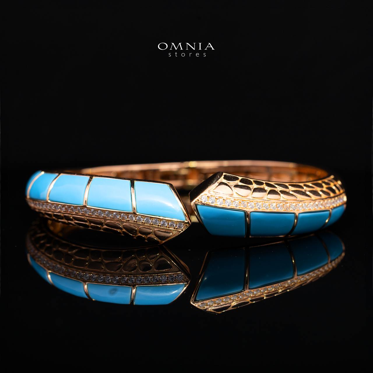 Tahiraa Turquoise Gold-Plated Bangle with High-Quality Premium Simulated Diamonds in 925 Sterling Silver