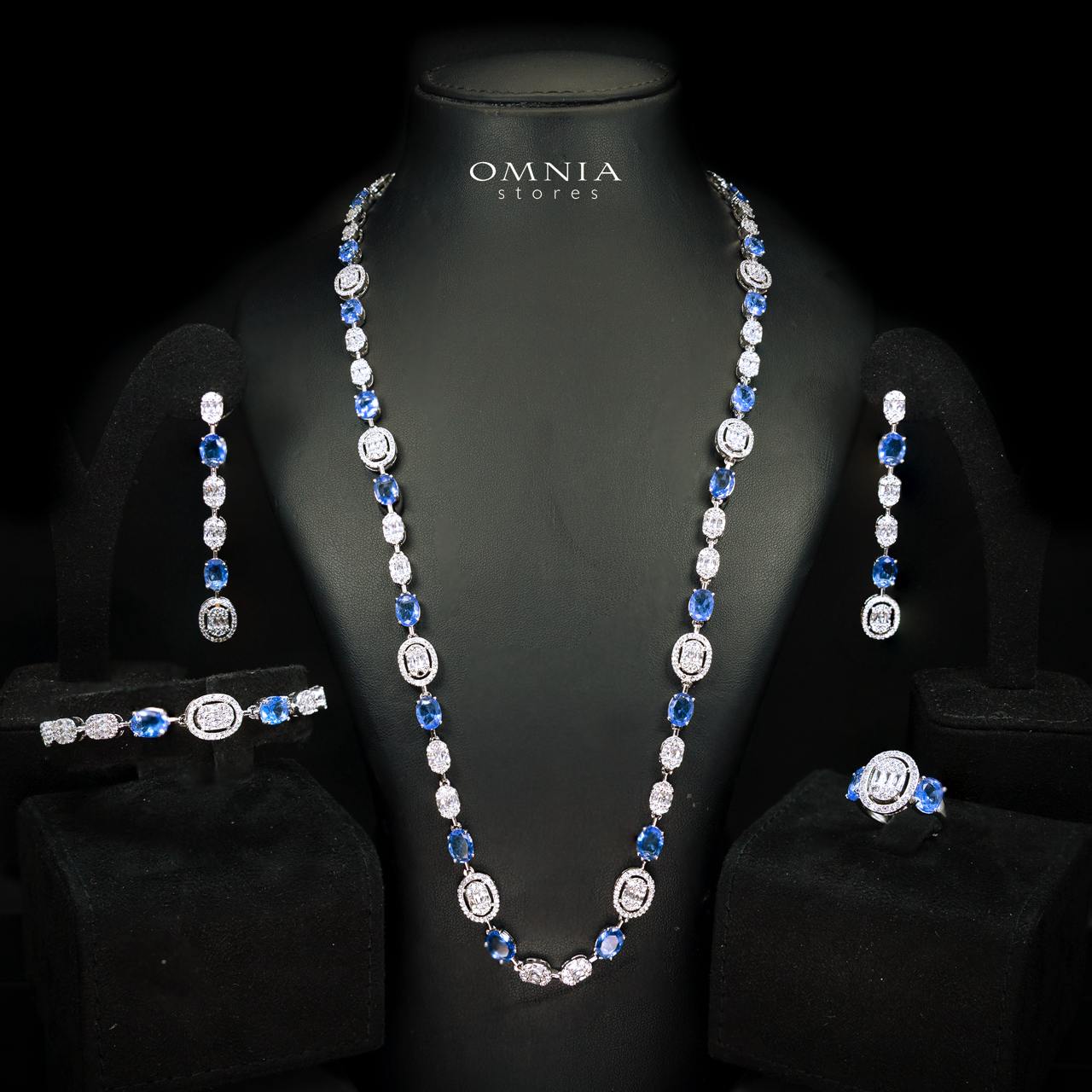Fairuz Blue Luxury Full Set with Long Chain, High Quality Premium Zircon Stones & Rhodium Plated Finish - OMNIASTORES KSA
