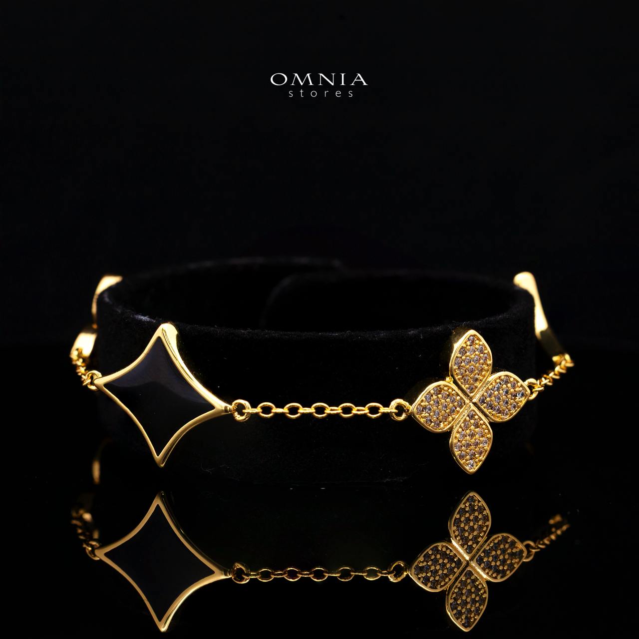 Omnia Golden Clove Black Long Chain Full Set with High-Quality Simulated Diamonds 18k Gold Plated 100cm - OMNIASTORES KSA