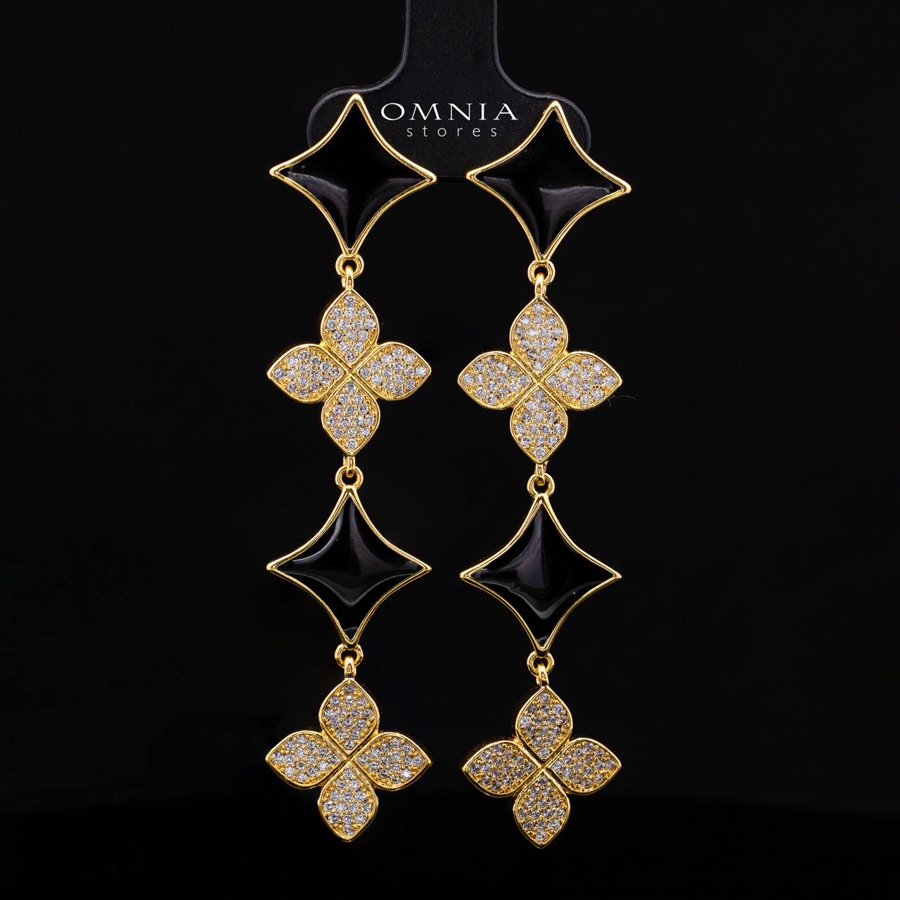 Omnia Golden Clove Black Long Chain Full Set with High-Quality Simulated Diamonds 18k Gold Plated 100cm - OMNIASTORES KSA