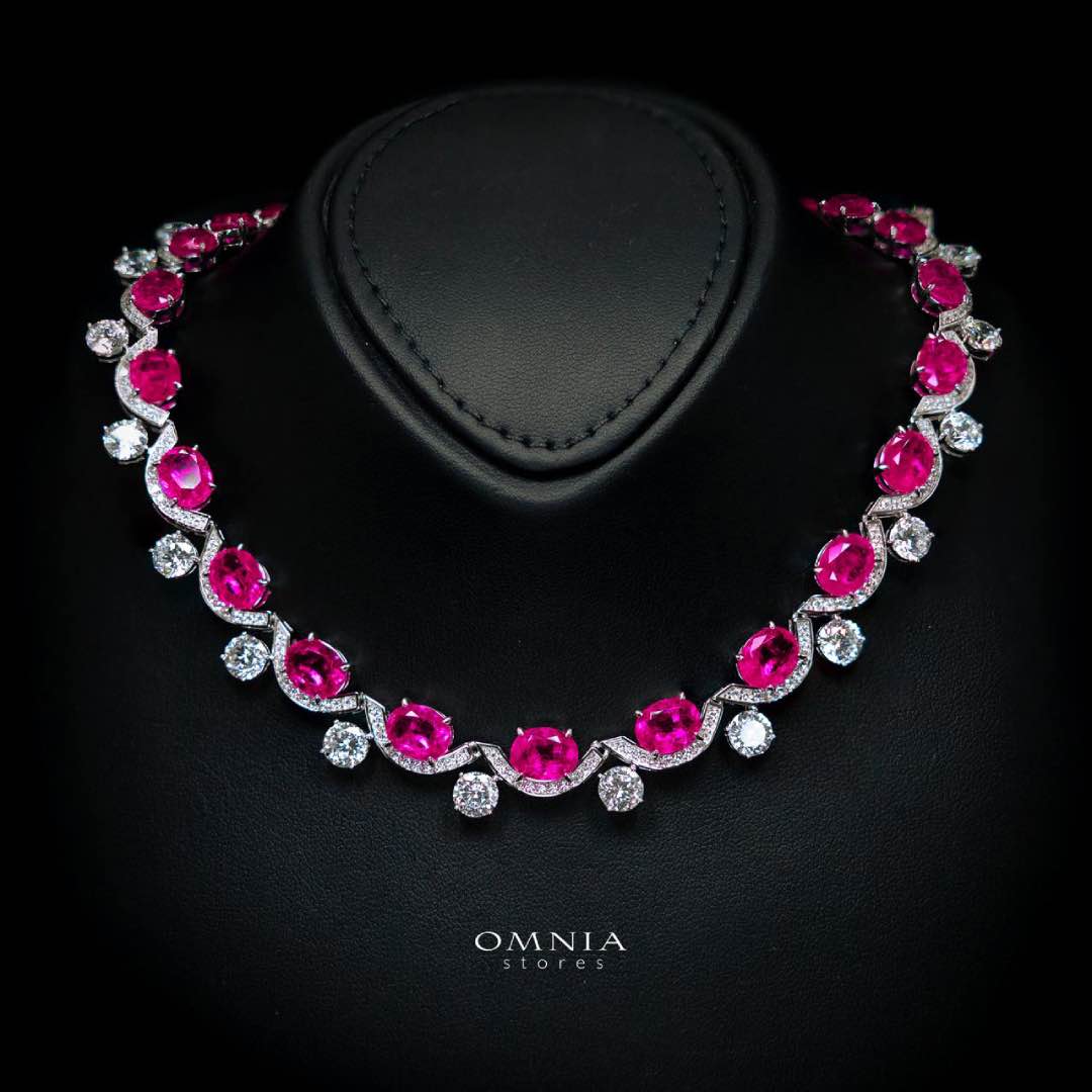 Omnia Saraya Silver Pink Necklace In 925 Silver With High Quality Lab Crafted Stones 43CM - OMNIASTORES KSA