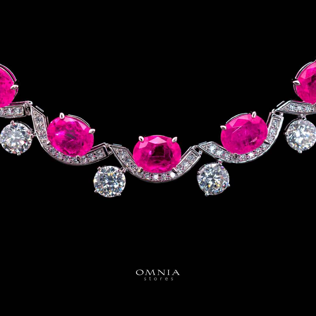 Omnia Saraya Silver Pink Necklace In 925 Silver With High Quality Lab Crafted Stones 43CM - OMNIASTORES KSA