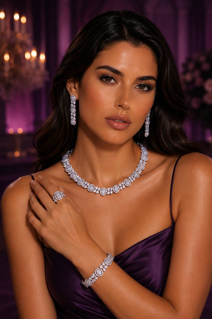 Rahima White Luxury Bridal Full Set with High-Quality Simulated Diamonds and Rhodium Plating