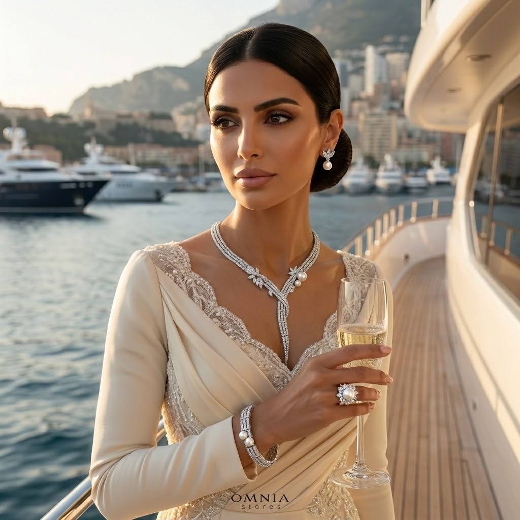 Omnia Larman Luxury Bridal Pearl Full Set in High Quality Simulated Diamonds - OMNIASTORES KSA