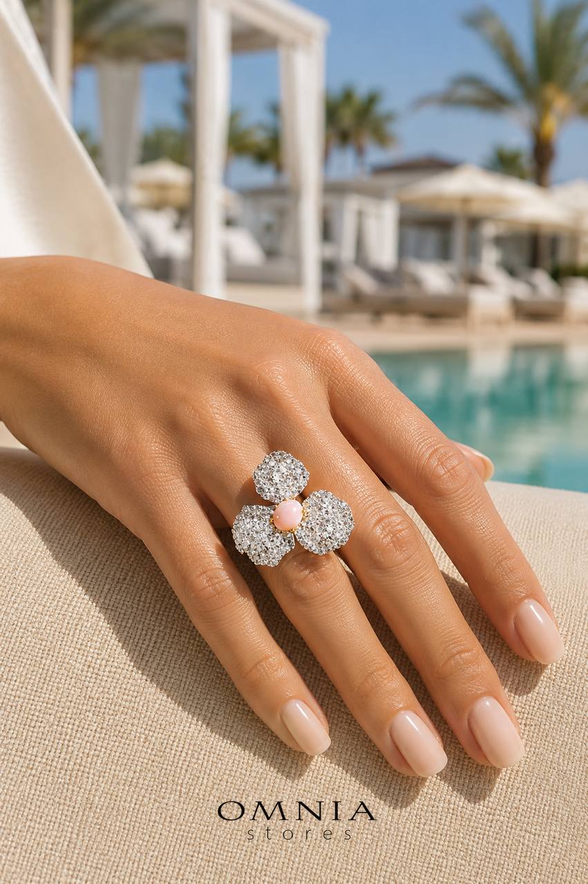 Omnia Lubaina Pink Coral Flower Ring in 925 Silver Accessories High Quality Simulated Diamonds