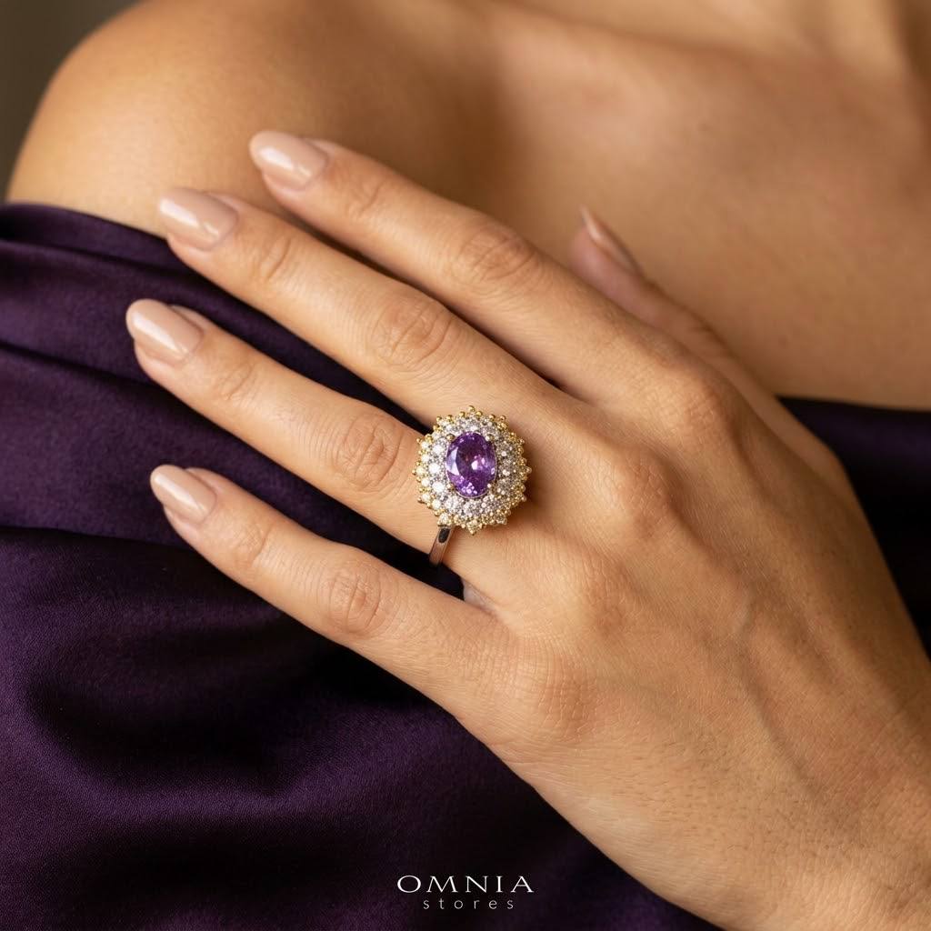 Omnia Faryal Oval Purple Stone Ring in 92.5 Silver with High Quality Simulated Diamonds - OMNIASTORES KSA
