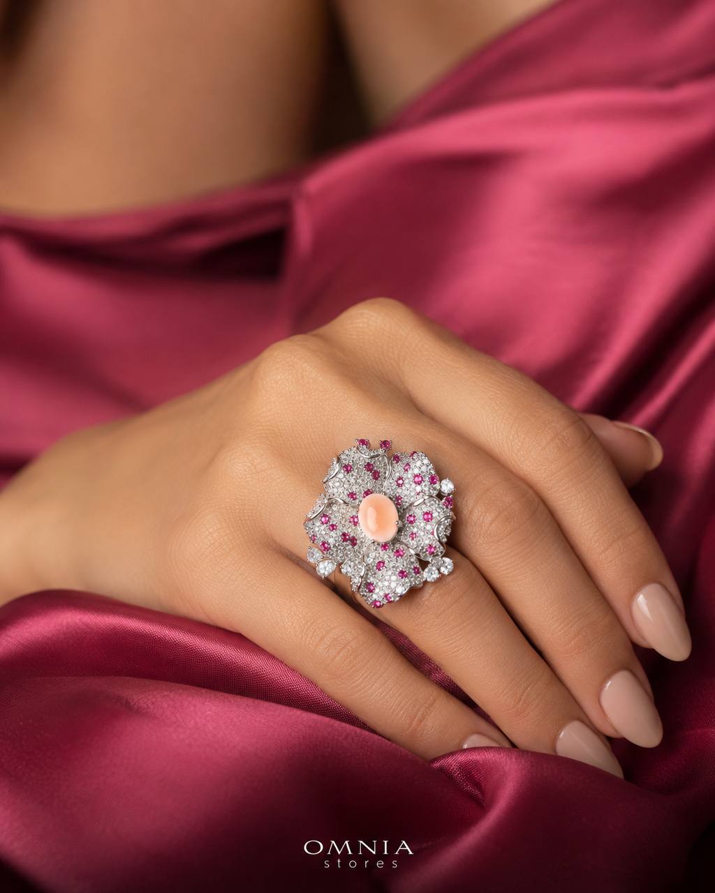 Omina Najiba Pink Coral Flower Ring in 925 Silver with High Quality Simulated Diamonds - OMNIASTORES KSA
