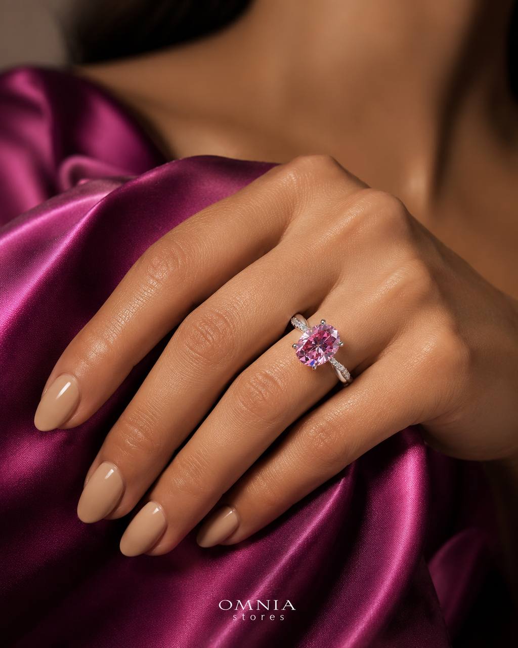Joodi Pink Moissanite Ring with GRA Certificate Oval 6x8mm (2ct) – Twisted Pavé Band Design, 925 Sterling Silver - OMNIASTORES KSA