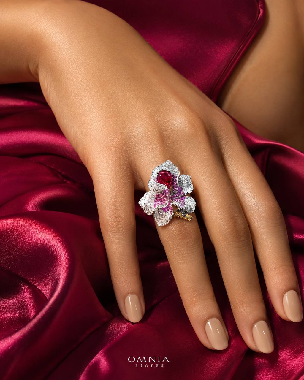 Omnia Lily Flower Ring With Pink And Red Stones with High Quality Simulated Diamonds