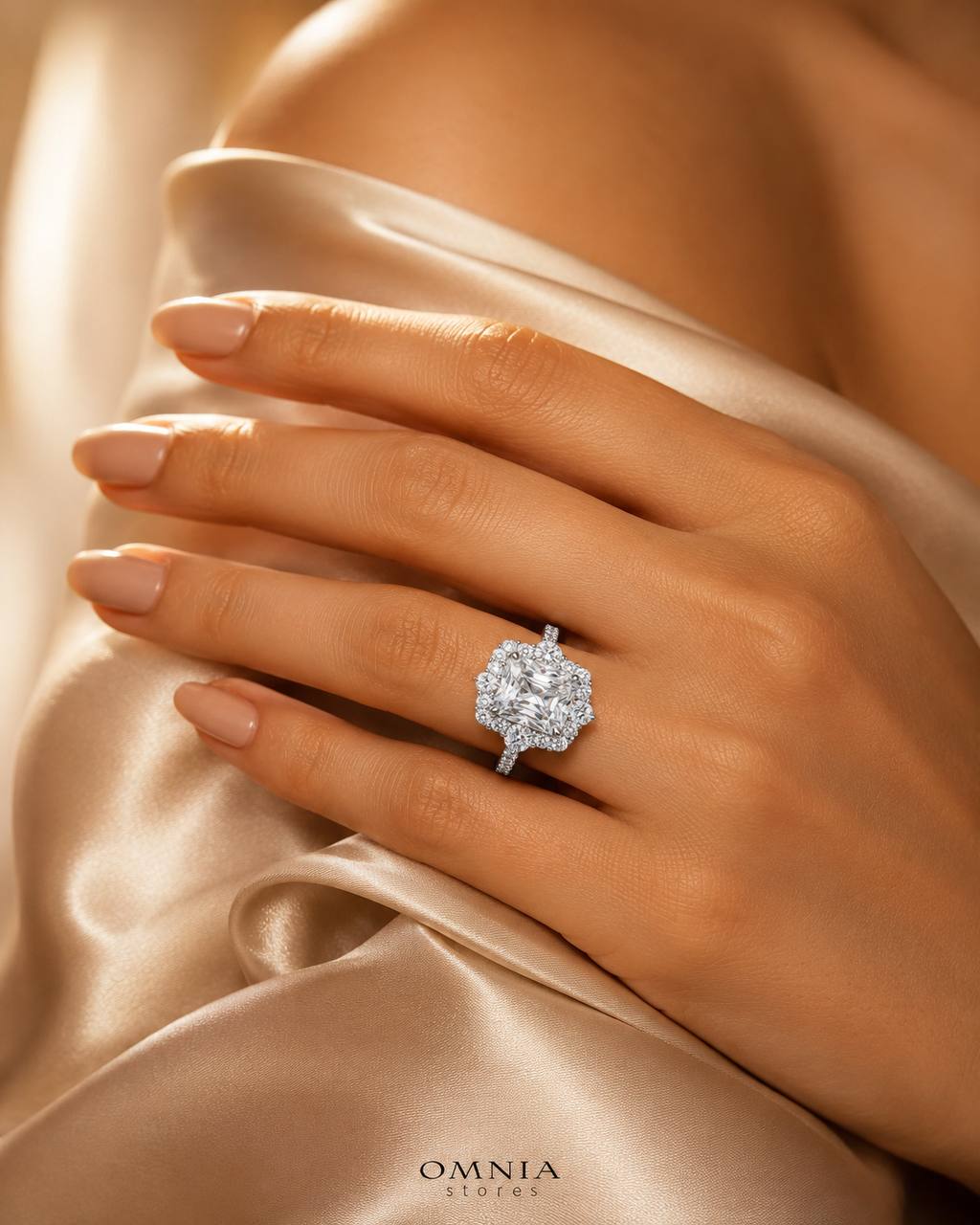 Nuwaira White Moissanite Radiant Halo Ring with Pavé Band – GRA Certified, 8x10mm (4ct), Rhodium-Plated 925 Sterling Silver - OMNIASTORES KSA