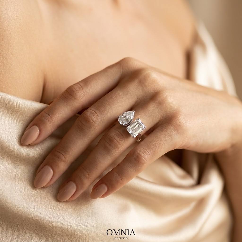 Ghaliah White Pear and Radiant Cut Ring GRA Certified in High Quality 925 Silver - OMNIASTORES KSA