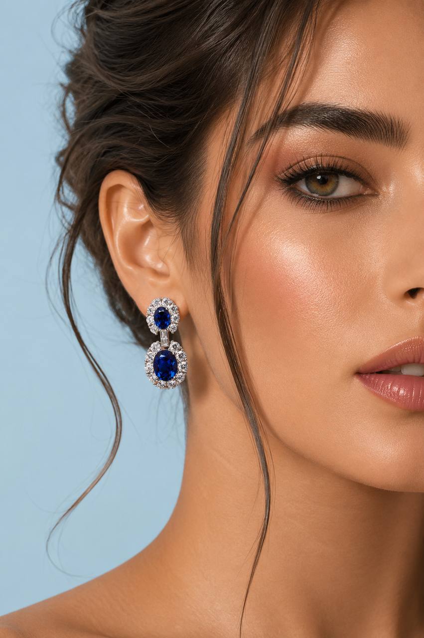 Nalia Lab Grown Blue Sapphite Stones With GRC Certified Oval Drop Earrings in 925 Silver - OMNIASTORES KSA