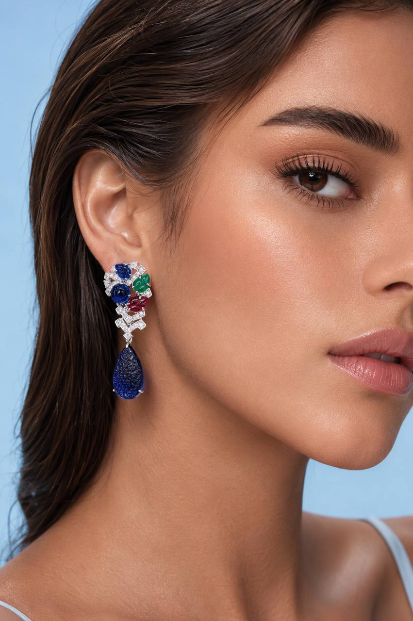 Allison Multicolor Floral Design Double Pearl Drop Earrings with High-Quality Simulated Diamonds in 925 Silver - OMNIASTORES KSA