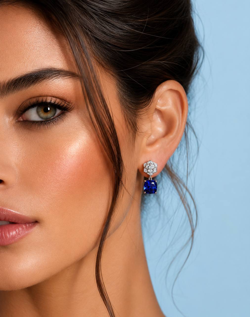 Khansa Lab Grown Blue Sapphite Stones With GRC Certified Rose Design Drop Earrings in 925 Silver - OMNIASTORES KSA