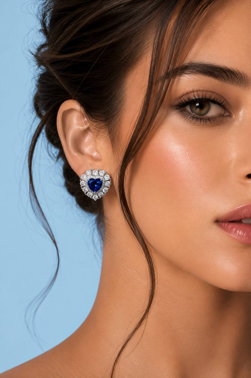 Mahasin Lab Grown Sapphire Blue Stones With GRC Certified Heart Shape Earrings in 925 Silver - OMNIASTORES KSA