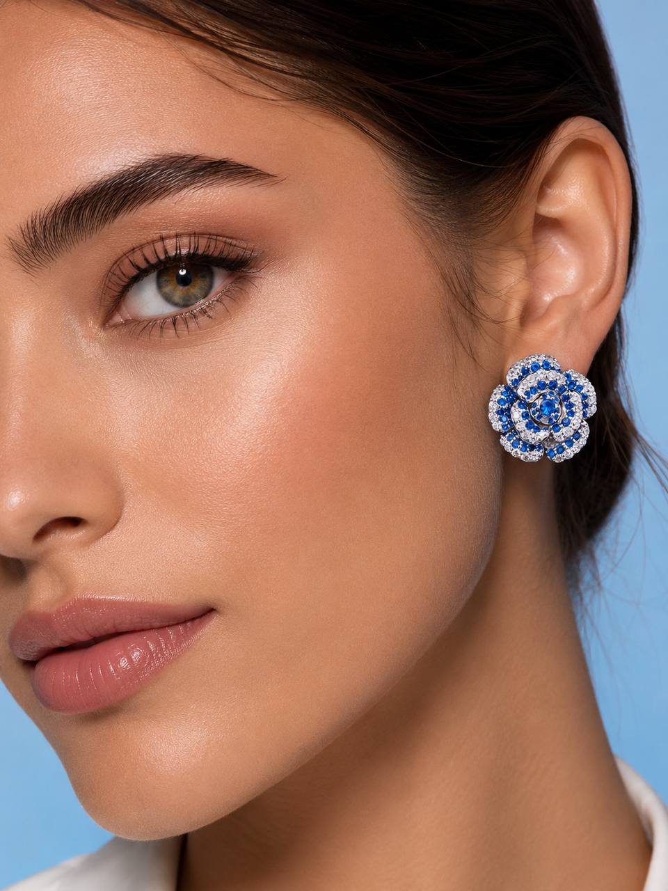Safiyah Blue Rose Stud Earrings 925 Sterling Silver | Premium Brilliant-Cut Simulated Diamonds - OMNIASTORES KSA