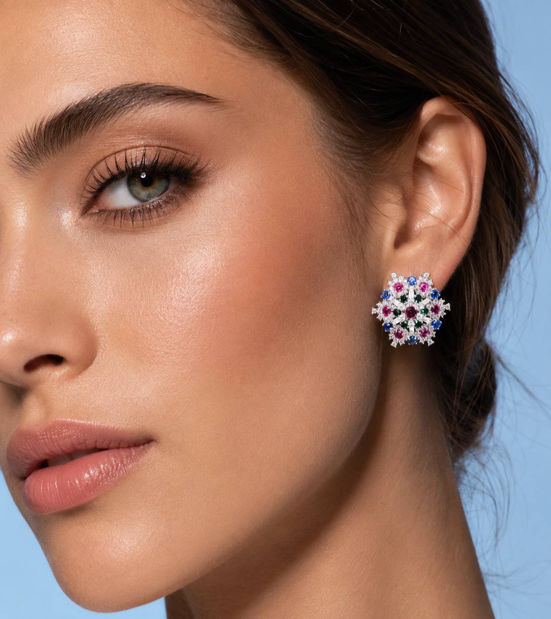 Omnia Feda Multi Color Silver Stud Earrings in 925 Silver High Quality Simulated Diamonds Stones - OMNIASTORES KSA