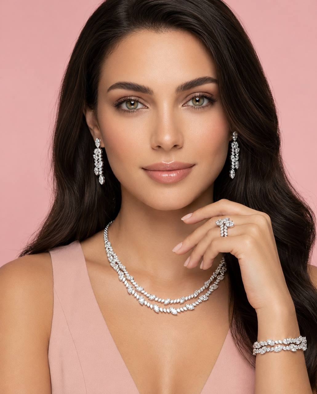 Omnia Nada White Bridal Full Set in High Quality Zircon Stone Rhodium Plated - OMNIASTORES KSA
