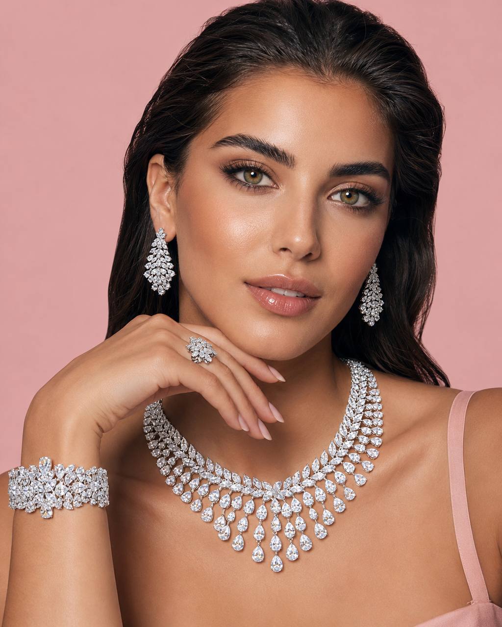 Omnia Sufia Luxury Bridal Full Set – Simulated Diamonds (Pear & Marquise Cut) Rhodium Plated - OMNIASTORES KSA