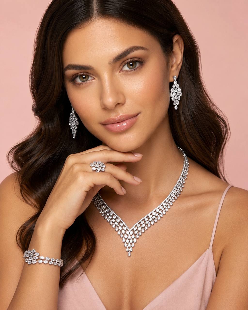 Omnia Dalilah White Luxury Bridal Full Set In Rhodium Plated with High Quality Zircon Stones - OMNIASTORES KSA