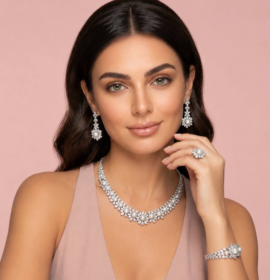 Omnia Rukaya Floral Pearl Luxury Bridal Full Set – High-Quality Zircon & Rhodium Plated Jewelry - OMNIASTORES KSA