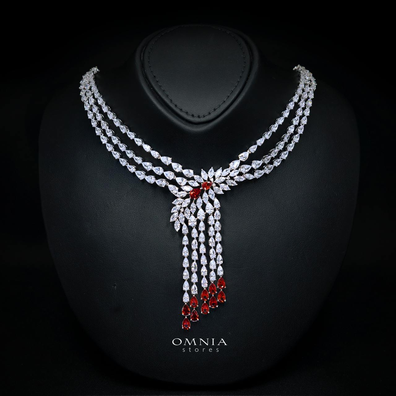 Omnia Rahaf Red Bridal Full Set Accessories in High Quality Zircon Stone Rhodium Plated